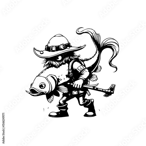 Monochrome drawing depicting a fisherman proudly carrying a large fish on his shoulders in cartoon style