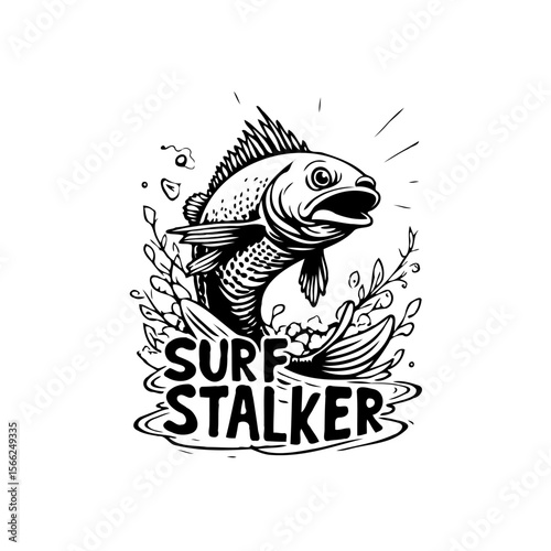 Surf Stalker logo illustration showcasing a leaping fish amidst stylized waves and aquatic plants symbolizing adventure