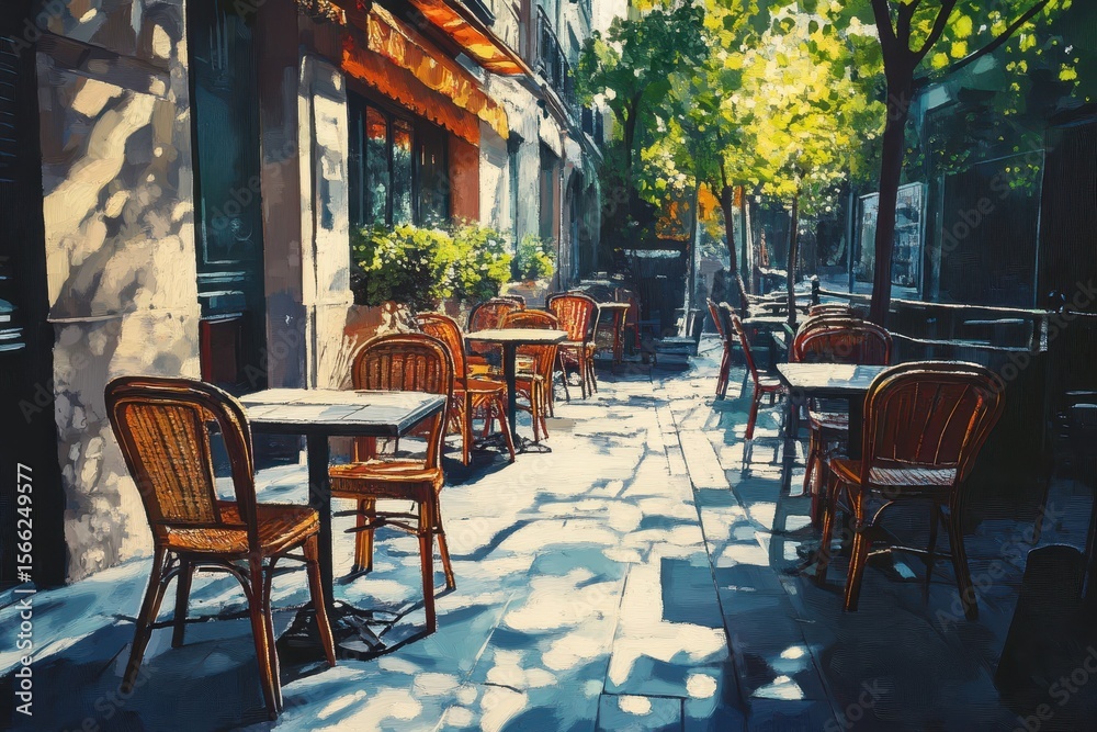 Obraz premium Sunny terrace at a cafe in Paris showcasing outdoor seating and sunlight filtering through trees, Sunny Cafe Terrace in Paris