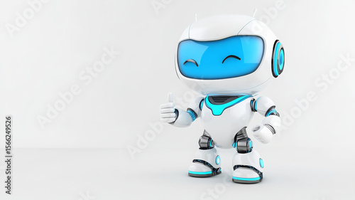 Cheerful robot, metallic design, blue accent, futuristic, friendly, thumbs up, white background