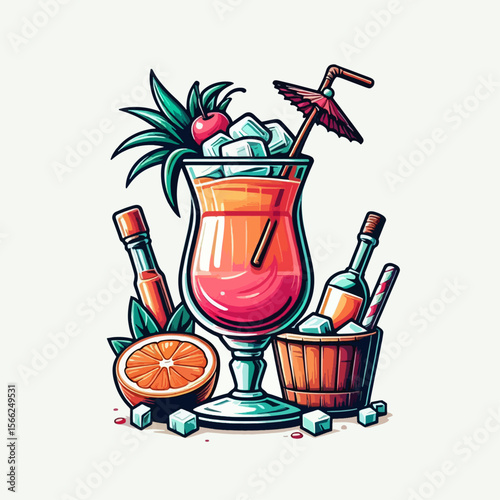 Vibrant graphic depiction of a tropical cocktail, complete with ice, fruit, and a decorative umbrella.