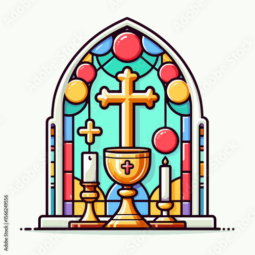A vibrant cartoon illustration of a stained glass church window featuring a golden cross, chalice, and candles, symbolizing Christian faith and worship.