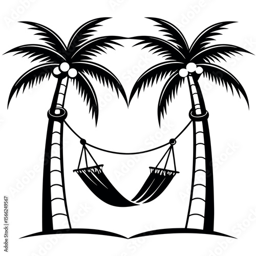 Hammock Tied Between Two Palm Trees – Simple Outline Vector Illustration – Minimalist Tropical Relaxation Icon for Vacation Graphics, Summer Travel, and Beach-Themed Design Projects