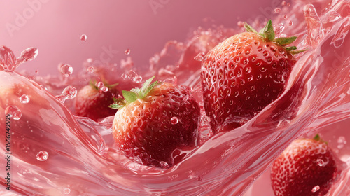 Close-up of strawberries in mid-air surrounded by swirling pink fluid, frozen motion with droplets, dramatic lighting and sharp focus, ideal for beauty product visuals and health food brands