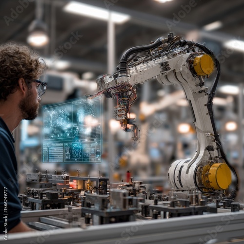 The intelligent system deployment engineer debugs the visual recognition robot in the smart factory, the robotic arm works together with the AI quality inspection system