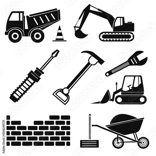 Construction Icons Dump Truck, Excavator, Tools, and Building Materials