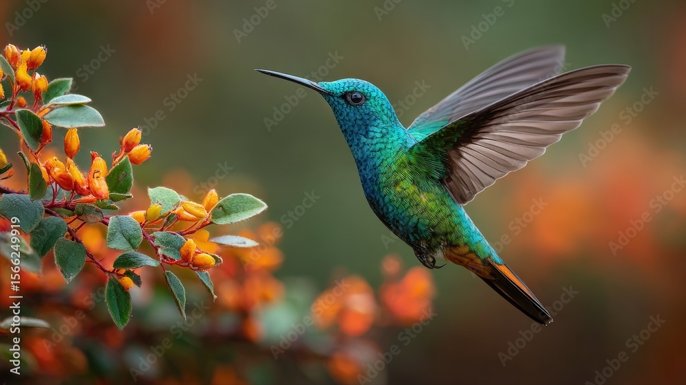 Fototapeta premium A colorful hummingbird hovering near a flower, capturing its delicate movements and vibrant plumage