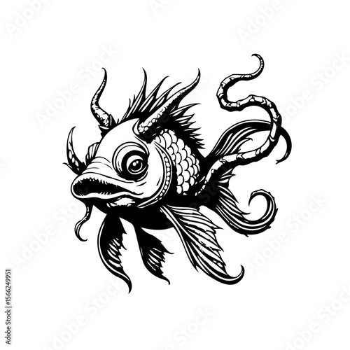 Intricate black and white illustration depicting a unique fish creature with swirling tentacles design