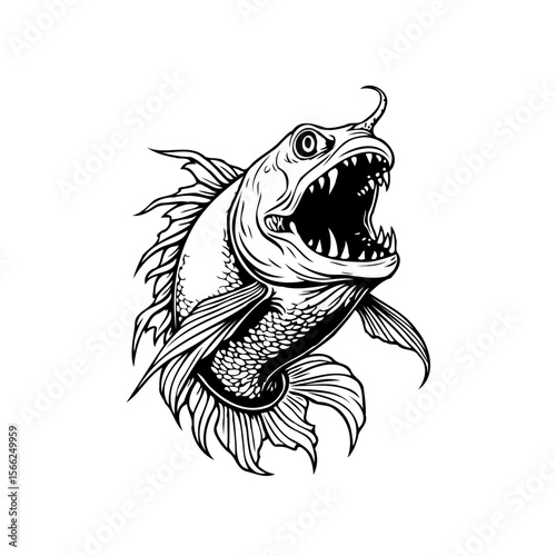 Detailed monochromatic illustration showcasing a menacing fish with sharp teeth in striking black and white