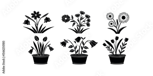 Collection of Potted Flower Silhouettes Six Unique Floral Designs in Black and White