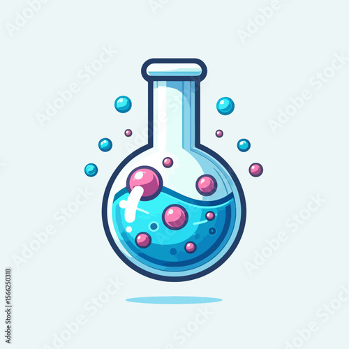 Stylized, cartoon representation of a science flask with colorful liquid and bubbles.  The design is vibrant and visually appealing.