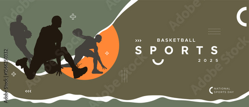 Silhouette illustration of basketball players in action on abstract olive and orange background with 'Sports 2025' text, designed for National Sports Day celebration. Dynamic silhouettes with a modern