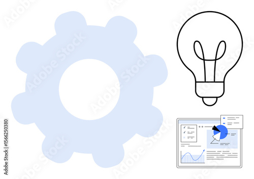 Gear symbol, glowing lightbulb, and data analysis on a screen represent ideas, problem-solving, efficiency, creativity, strategy planning, innovation, and a simple landing page