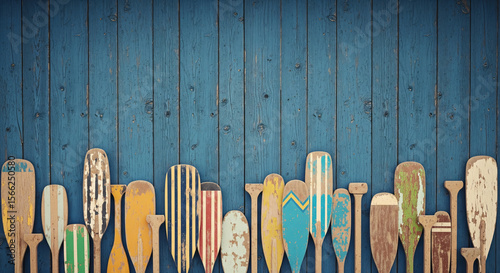 Vintage wooden paddles on blue nautical background