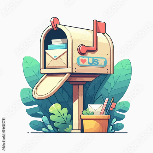 Lighthearted illustration of a mail box filled with mail, positioned among leafy plants, in a cartoonish, flat style.