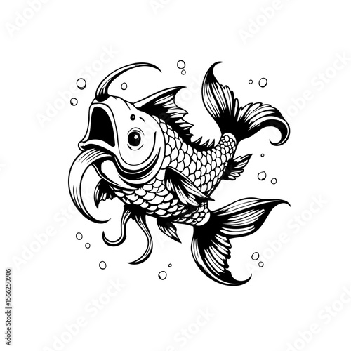 Detailed black and white koi fish illustration showcasing intricate scales and flowing fins, creating a captivating underwater aesthetic