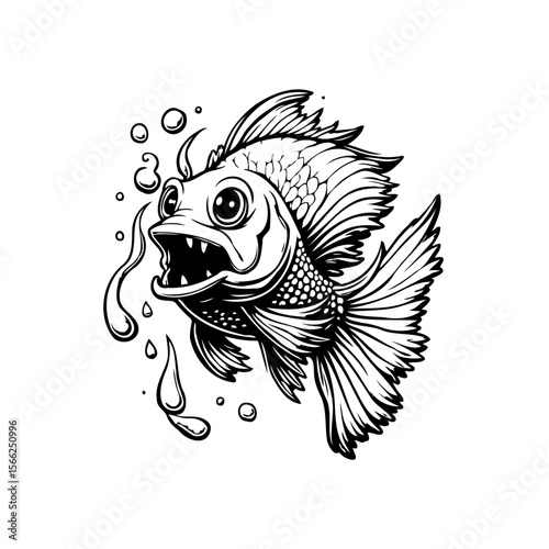Detailed illustration of a menacing fish with wide eyes and sharp teeth swimming swiftly