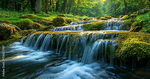 Serene waterfall cascading through lush green forest