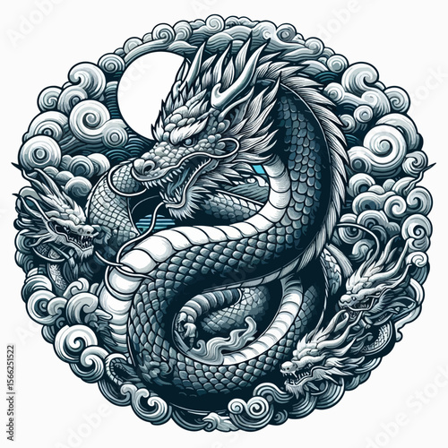 Stylized, detailed graphic design featuring a majestic dragon within a circle of swirling clouds.  The dragon is powerful and dynamic, embodying ancient mythology and folklore.