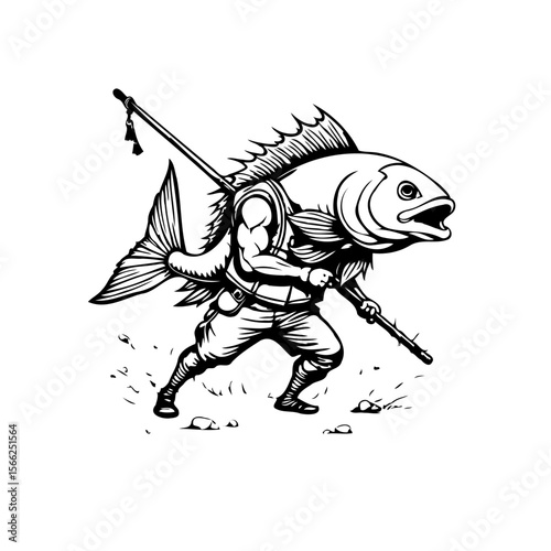 Wallpaper Mural A striking vector illustration of a muscular fish fisherman wielding a fishing rod carrying it with power attitude Torontodigital.ca