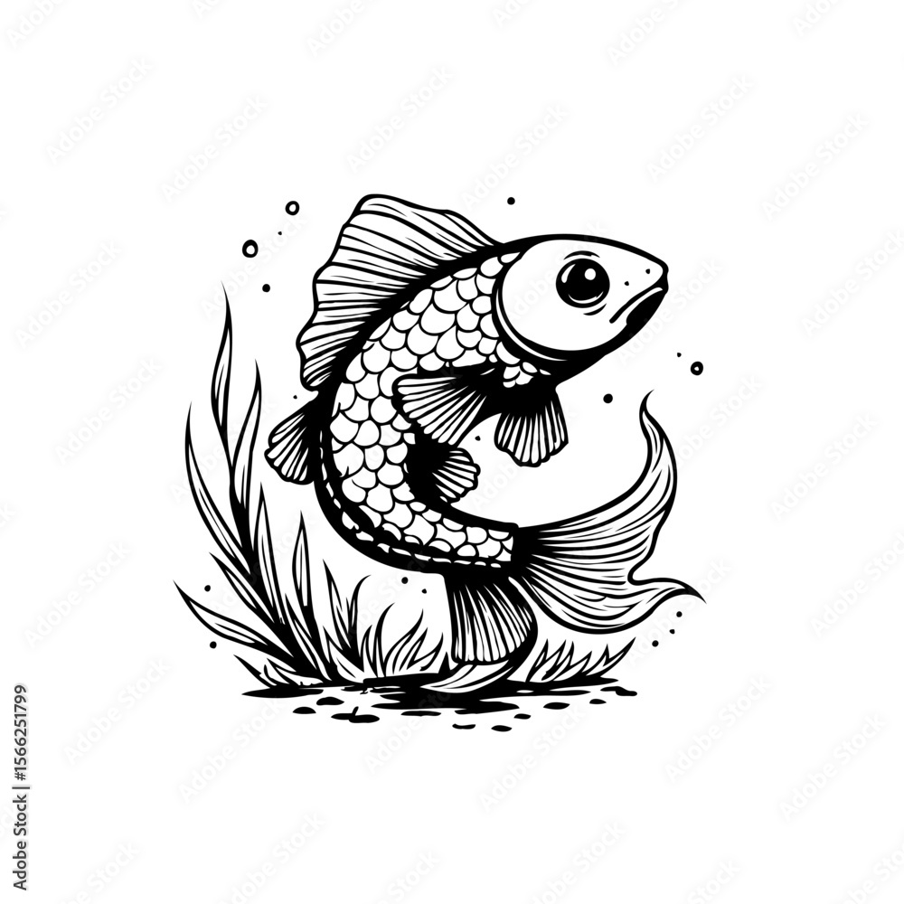 Fototapeta premium Whimsical single line drawing of a stylized fish swimming amidst aquatic plants with bubbly accents and simplicity