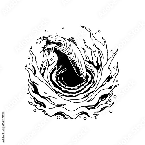 Illustrative fish leaping out water artistic black and white drawing showcasing aquatic wildlife and nature beauty
