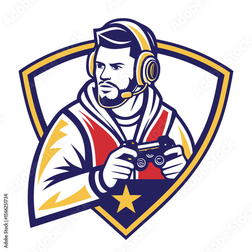 Gamer holding controller, wearing headphones