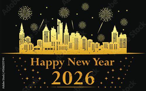 Happy New Year 2026 City Skyline Fireworks Design, Black Background.