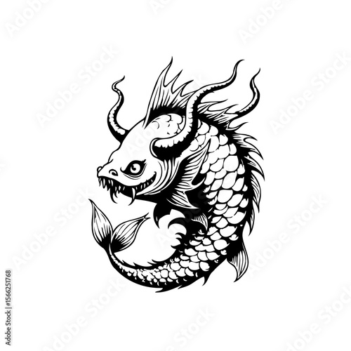 Intricate japanese dragon fish illustration representing mythical legends and folklore from oriental culture isolated on white background