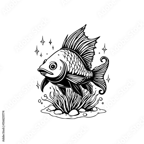 Majestic monochrome goldfish illustration gracefully swimming near aquatic plants creating enchanting ambiance for various creative applications