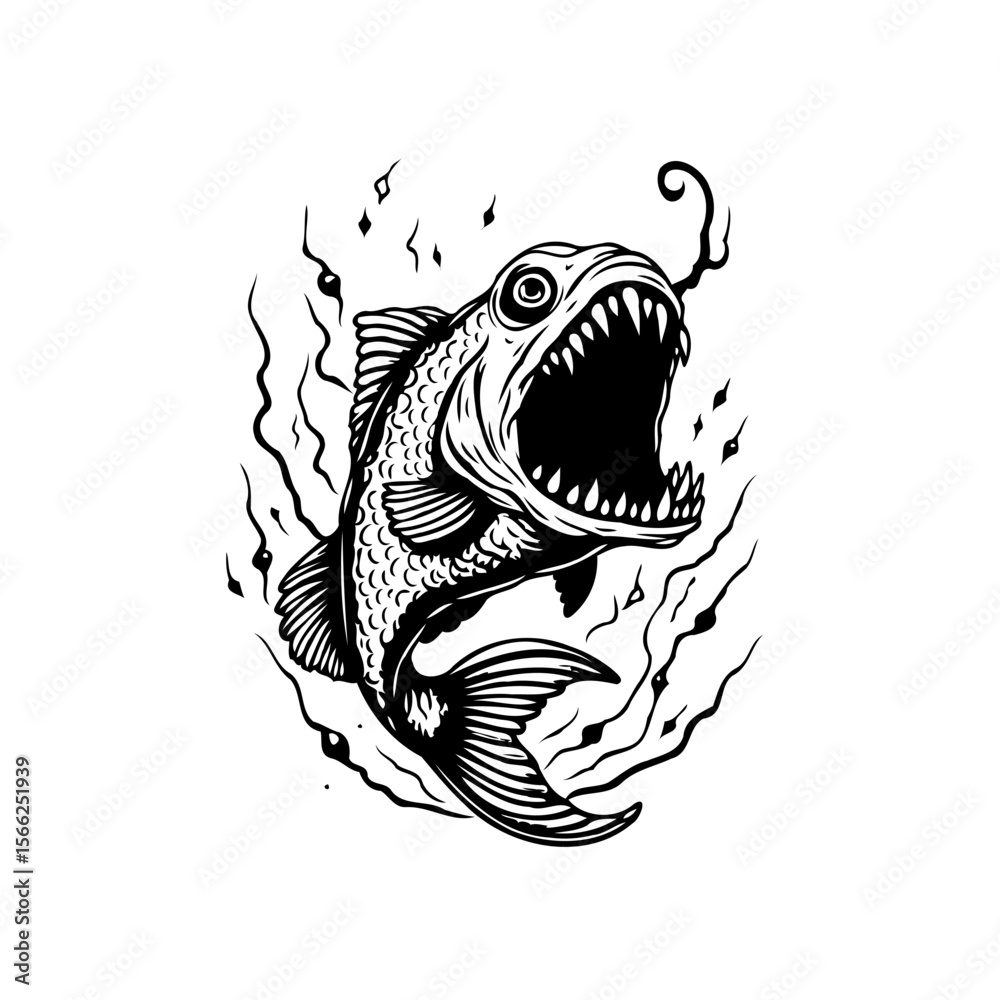 Fototapeta premium Aggressive predatory fish illustration with sharp teeth in monochrome color ready to attack prey and catch them