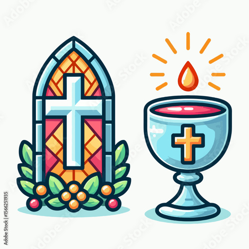 Stylized representation of a stained glass window and a chalice, likely for religious themes.  The design is simple and outlined.