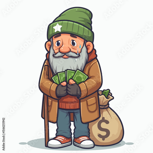 Cartoon illustration of an older, sad man holding money and a money bag.  He appears to be struggling despite possessing wealth.