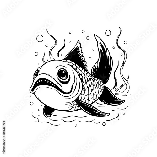 Detailed line art illustration showcasing a unique fish character in an underwater aquatic environment with detailed scales and fins