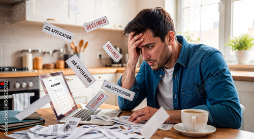Frustrated man sitting in kitchen surrounded by rejected job applications. Unemployment and job search stress.