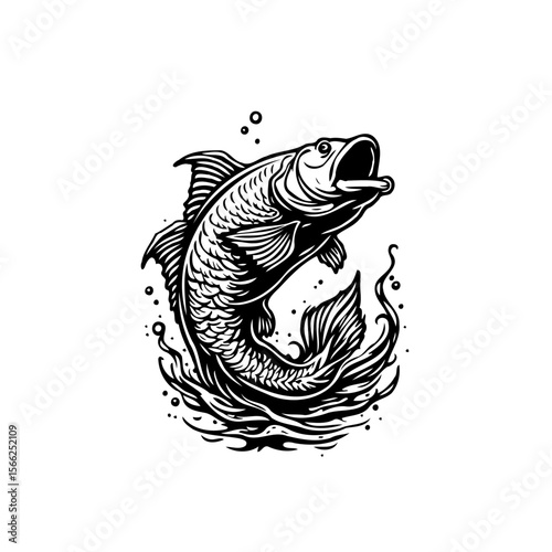 Dramatic illustration of a jumping fish with stylized water splash and black and white design creates a dynamic aquatic image
