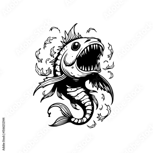 Illustration of a predatory fish with sharp teeth in a stylized vintage tattoo design, perfect for apparel