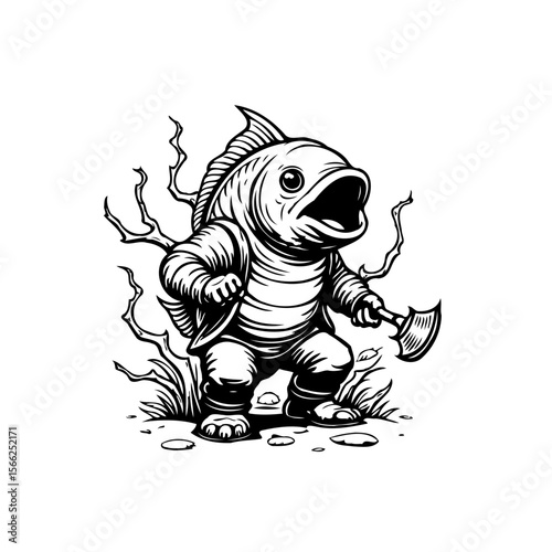Cartoonish depiction of a fishman character wielding an axe standing amidst foliage in black and white