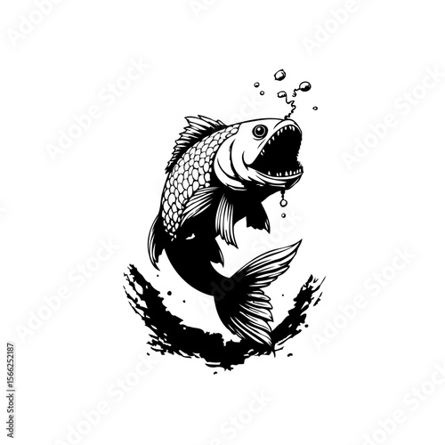 Detailed monochrome depiction of a jumping fish illustration showing aquatic wildlife and nature species silhouette