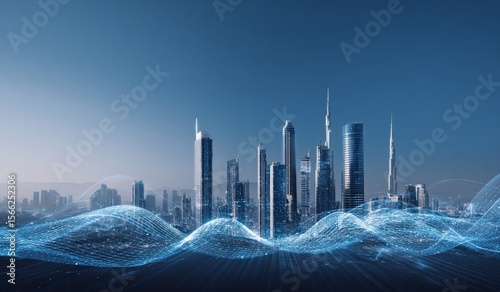 A futuristic cityscape with digital waves and smart technology, representing the next wave of AI-powered urban development. The background features towering skyscrapers against a blue sky
