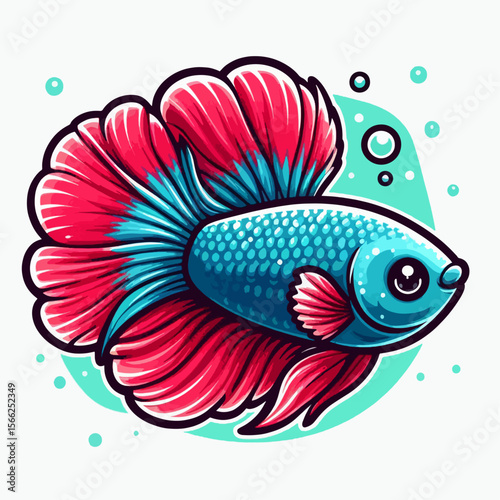 Charming illustration of a betta fish, featuring vibrant pink and blue colors, and a cartoonish style.  The fish's fins and scales are outlined with dark lines.