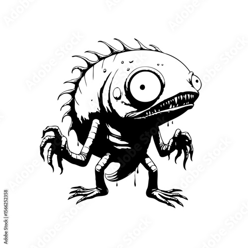 Cartoonish bizarre creature with grotesque features and unsettling expression standing isolated on white background digital art