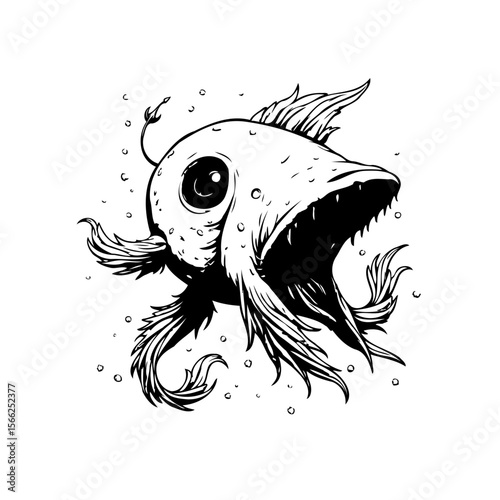 Creepy black and white illustration of a scary anglerfish with open mouth and sharp teeth, deep sea predator