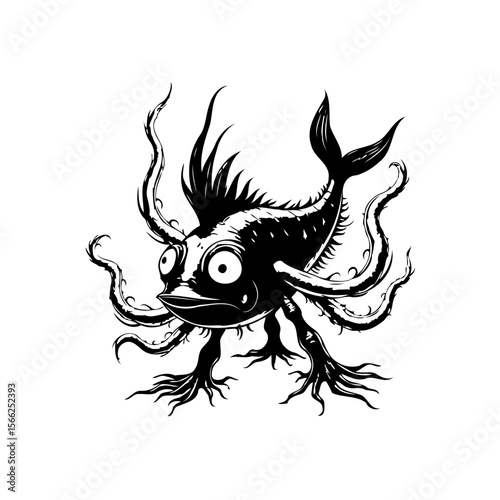 Whimsical black and white fish monster illustration with exaggerated features and tentacle-like appendages creating a charming cartoonish effect