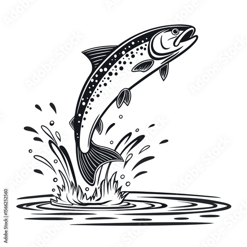 Majestic leaping trout fish illustration, monochrome vintage style aquatic wildlife art print, perfect for nature lovers and fishing enthusiasts