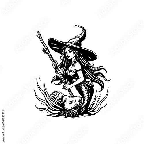 Mystical mermaid witch vector illustration with hat holding a staff isolated on white background artwork drawing