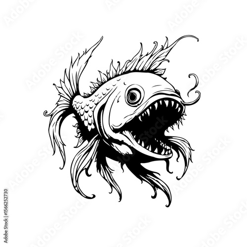 Wallpaper Mural Detailed monochrome illustration of a frightening fish with sharp teeth suitable for tattoo design or graphics Torontodigital.ca