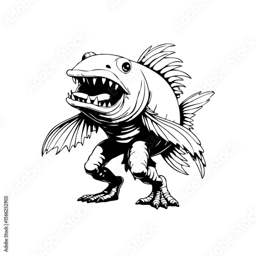 Black and white illustration showcasing a bizarre fish like monster with human like legs ready to attack