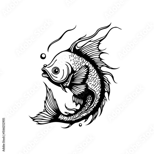 Black and white illustration of a fish swimming gracefully in the ocean depths with decorative elements