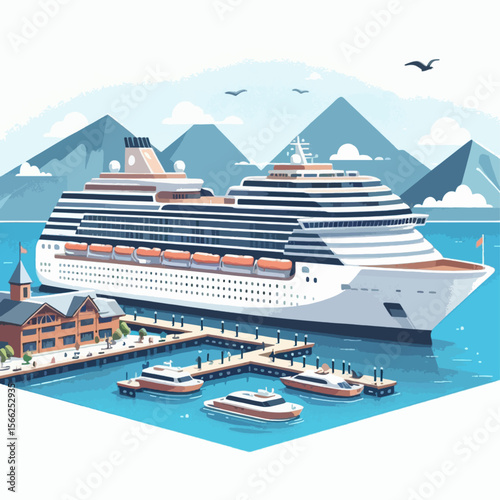 Colorful illustration depicts a cruise ship docked at a pier, surrounded by small boats and a picturesque harbor landscape, with mountains and clouds in the background.  The style is modern and flat.